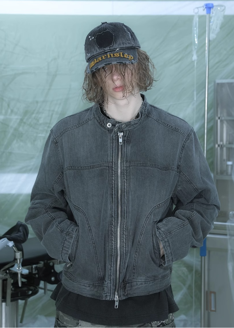 WASHED DENIM BIKER JACKET CHARCOAL GRAY BEDES4536