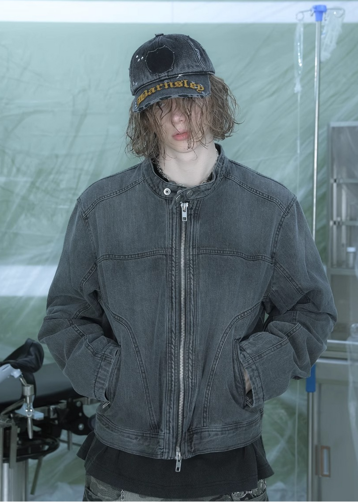 WASHED DENIM BIKER JACKET CHARCOAL GRAY BEDES4536