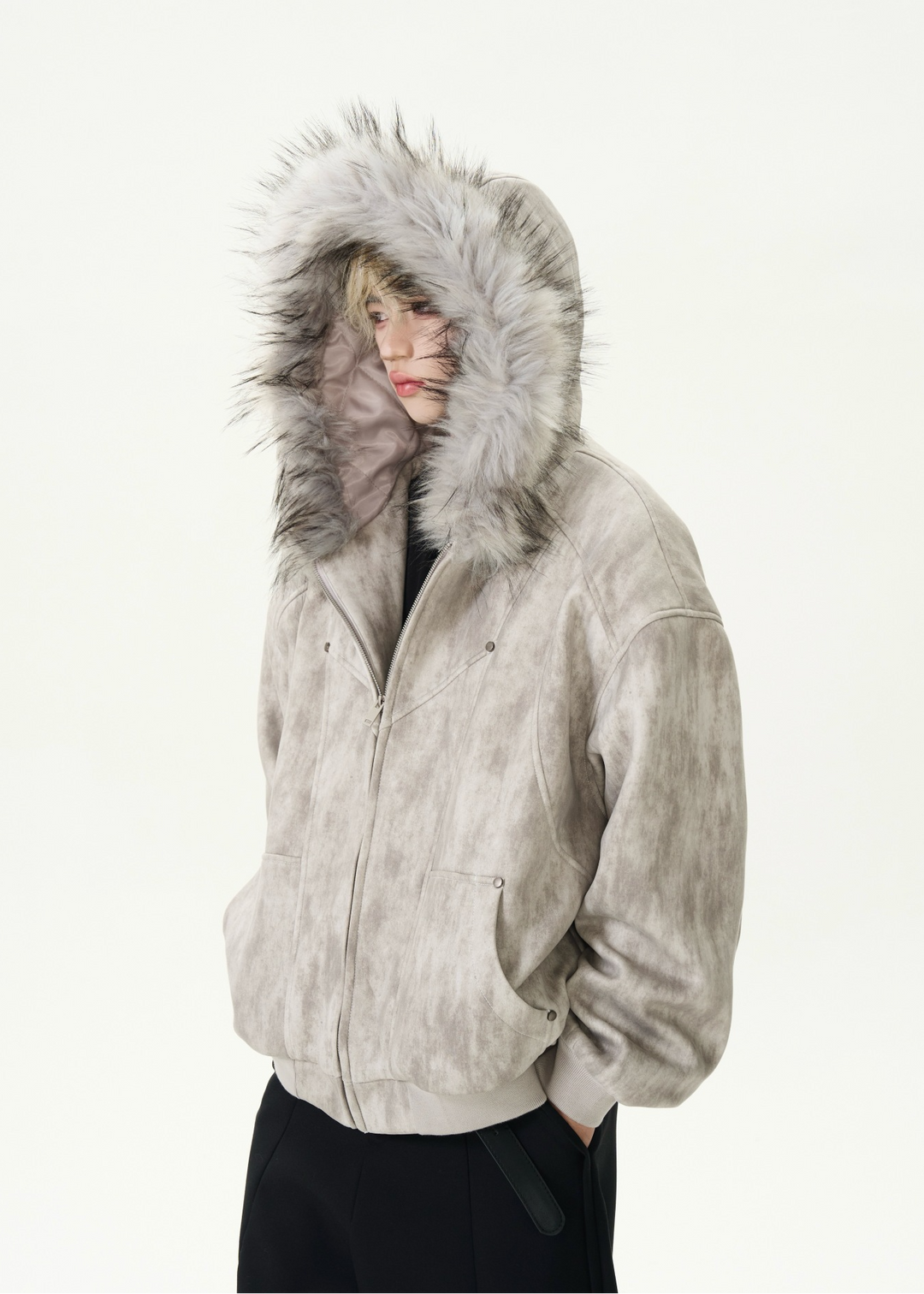 DISTRESSED FUR HOOD SHORT JACKET BEDES4546