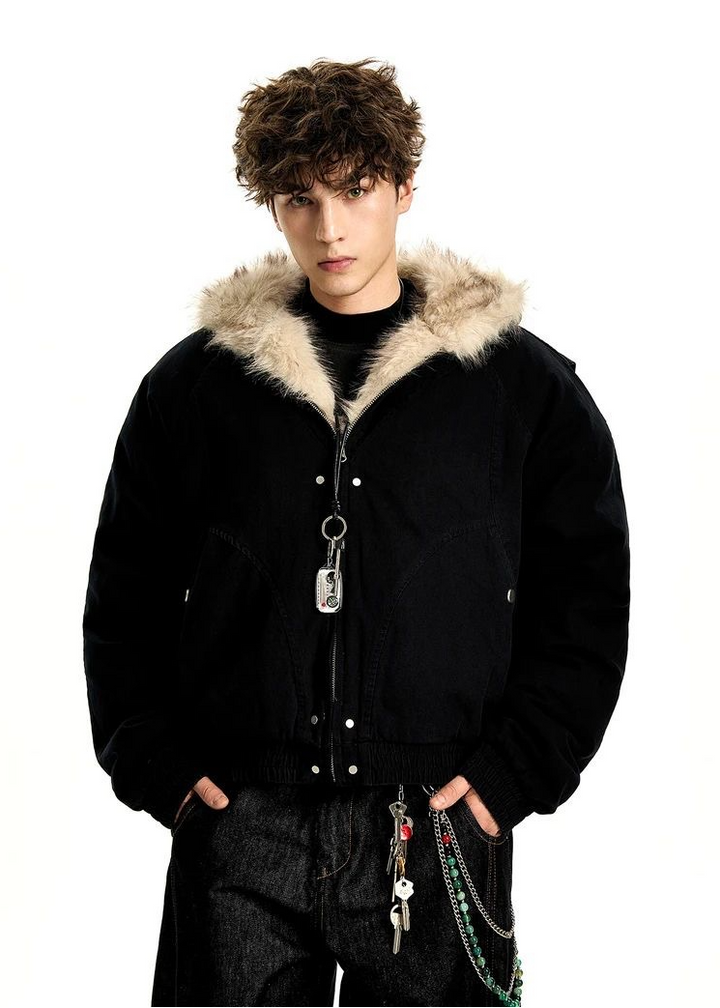 FUR LINED HOODED SHORT JACKET BEDES4540