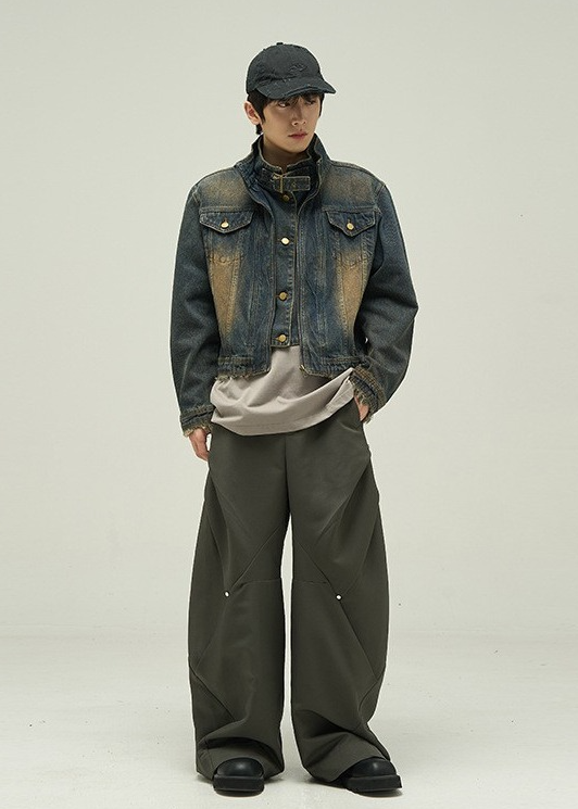 STAND COLLAR SHORT WASHED DENIM JACKET BEDES4533