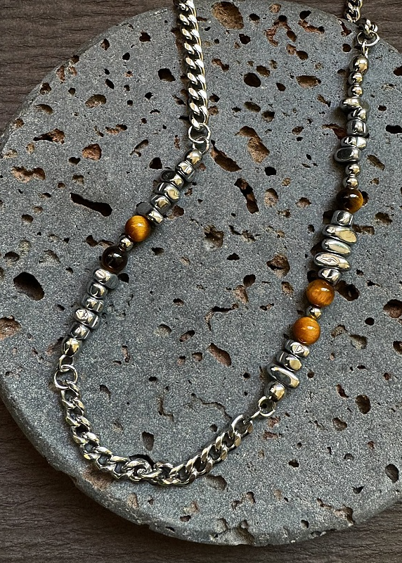 TIGER EYE BEAD CHAIN NECKLACE BEDES4680