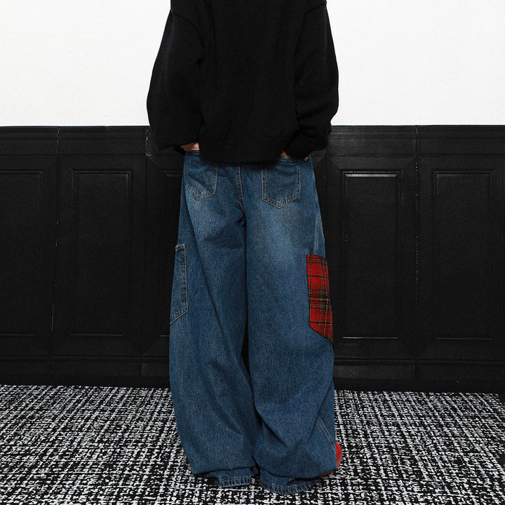PLAID PATCH WIDE CURVE DENIM PANTS AEDES4579 - Deuku