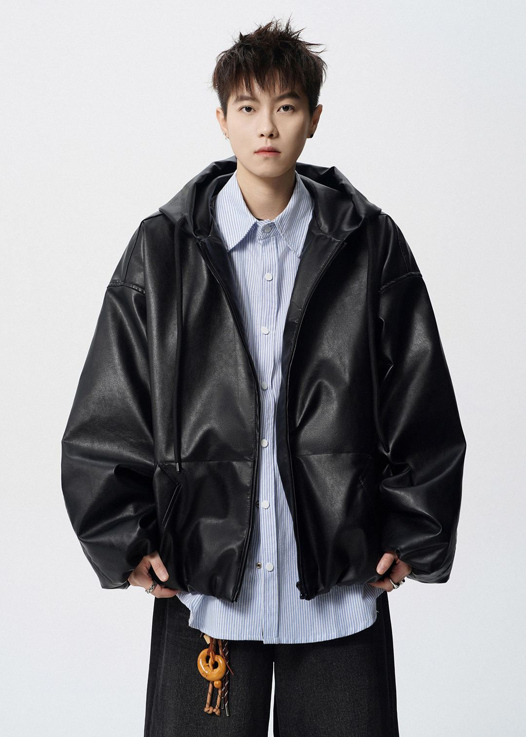 VOLUME SLEEVE HOODED LEATHER JACKET BEDES4535