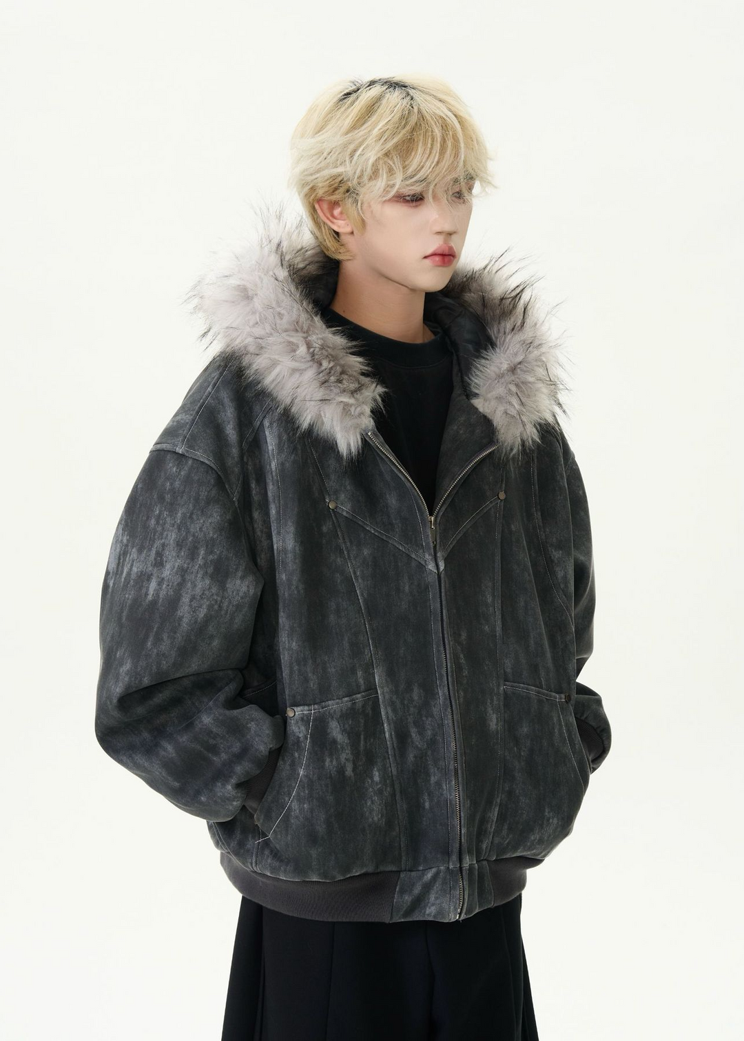 DISTRESSED FUR HOOD SHORT JACKET BEDES4546