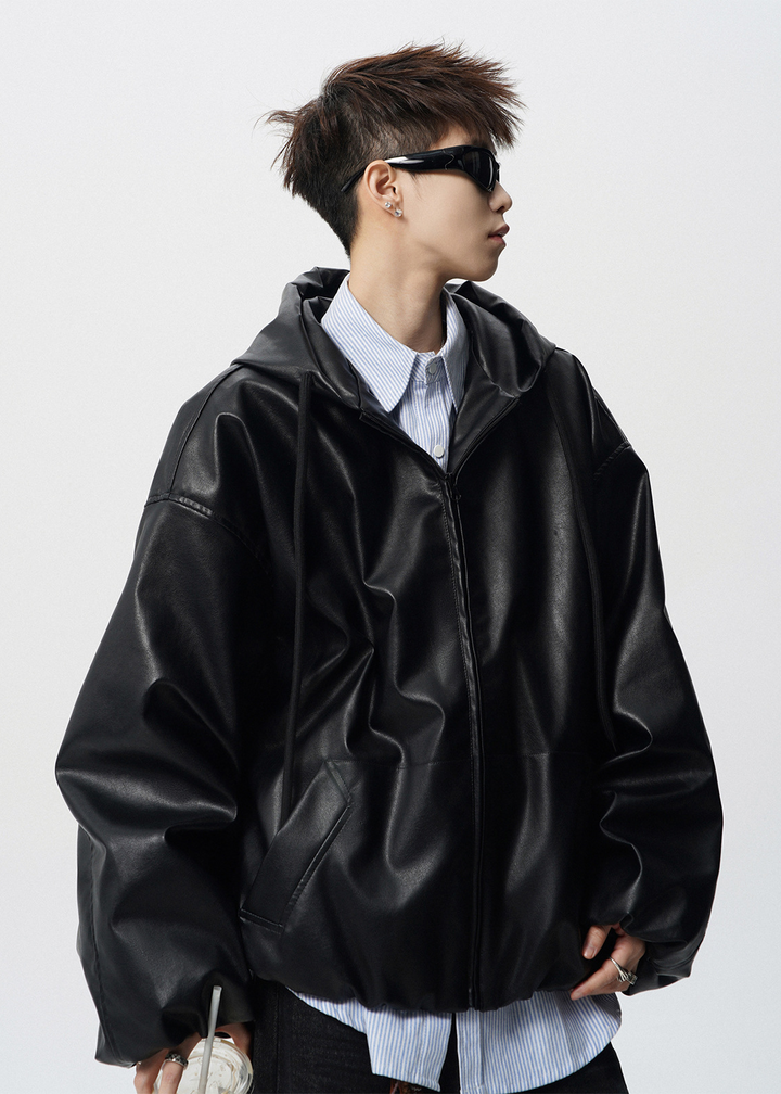 VOLUME SLEEVE HOODED LEATHER JACKET BEDES4535