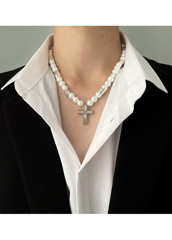 PEARL CROSS NECKLACE BEDES4603