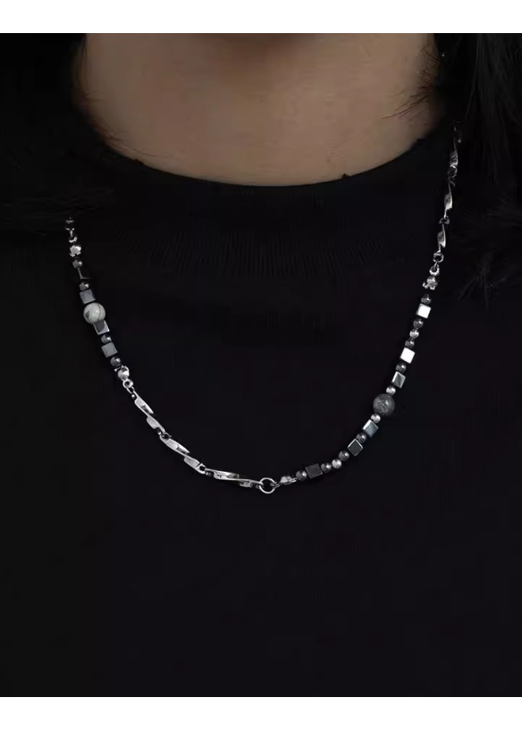 BLACK STONE MIX CHAIN NECKLACE BEDES4681