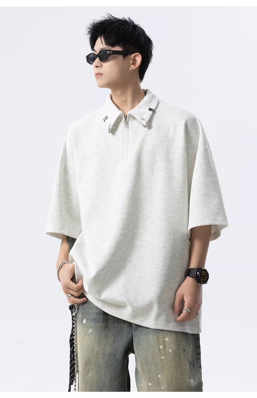 HALF ZIP PIERCED OVERSIZED T-SHIRT BEDES4634
