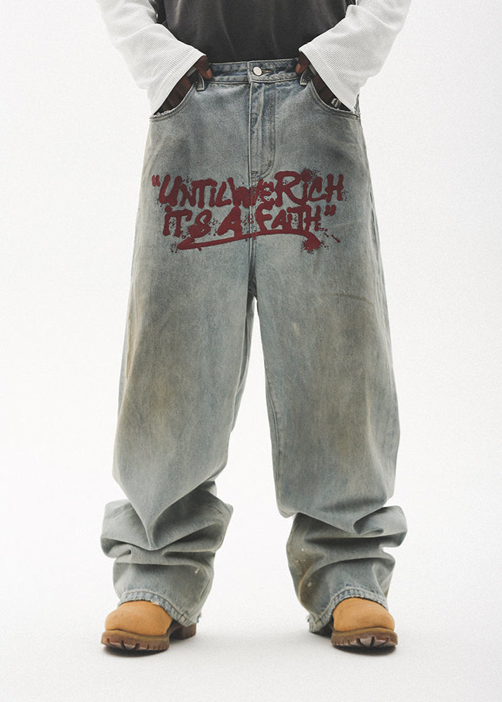 GRAFFITI PRINTED WASHED WIDE DENIM PANTS UWDES4487