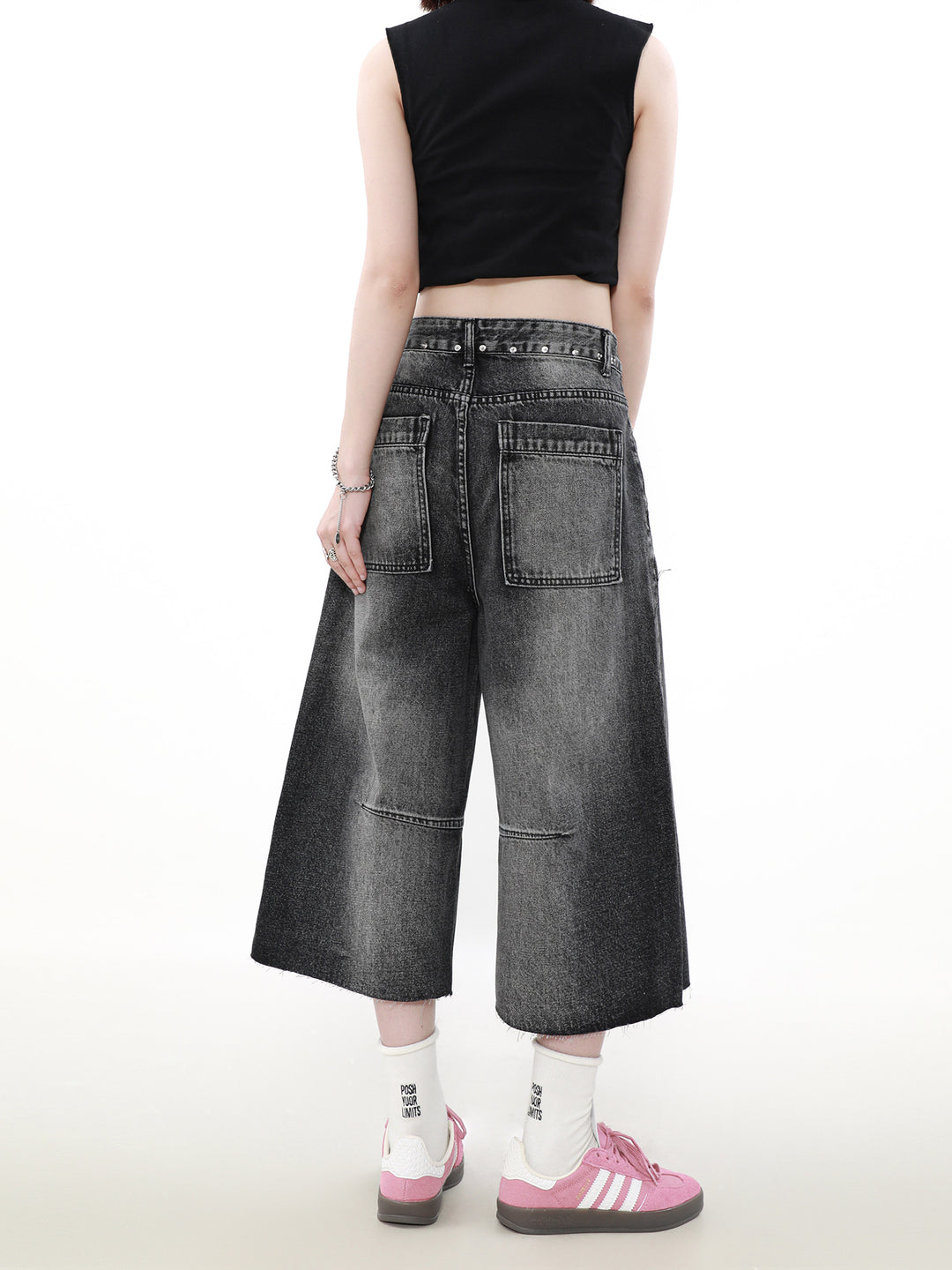 BLACK DENIM WIDE CROPPED PANTS MNDES4458