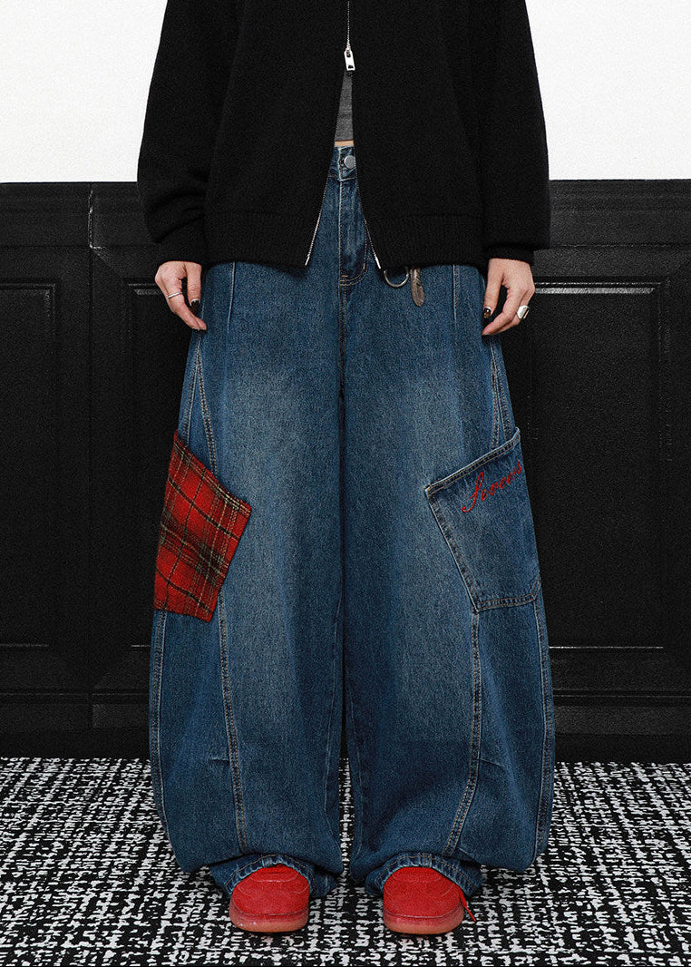 PLAID PATCH WIDE CURVE DENIM PANTS AEDES4579 - Deuku