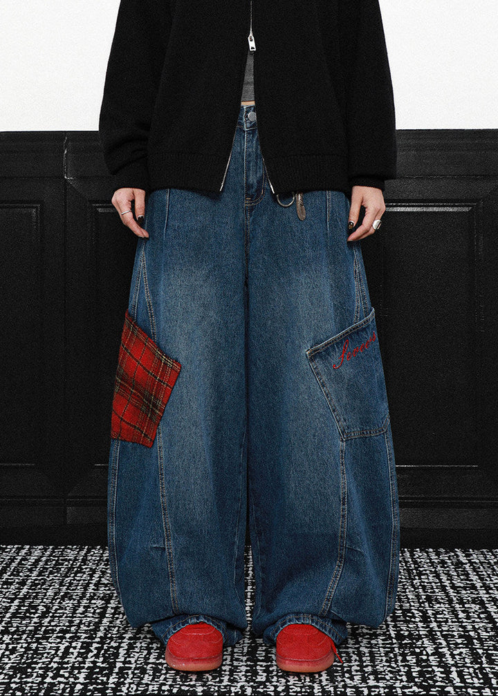 PLAID PATCH WIDE CURVE DENIM PANTS AEDES4579 - Deuku