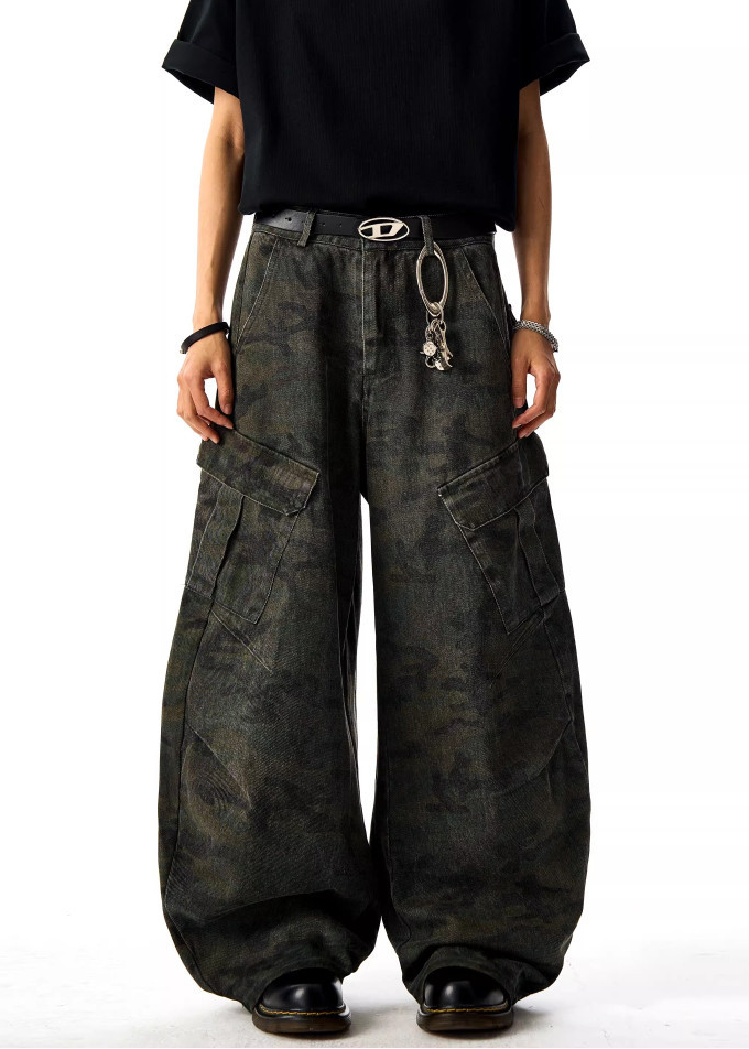 WASHED CURVE CAMO WIDE CARGO PANTS BEDES4718