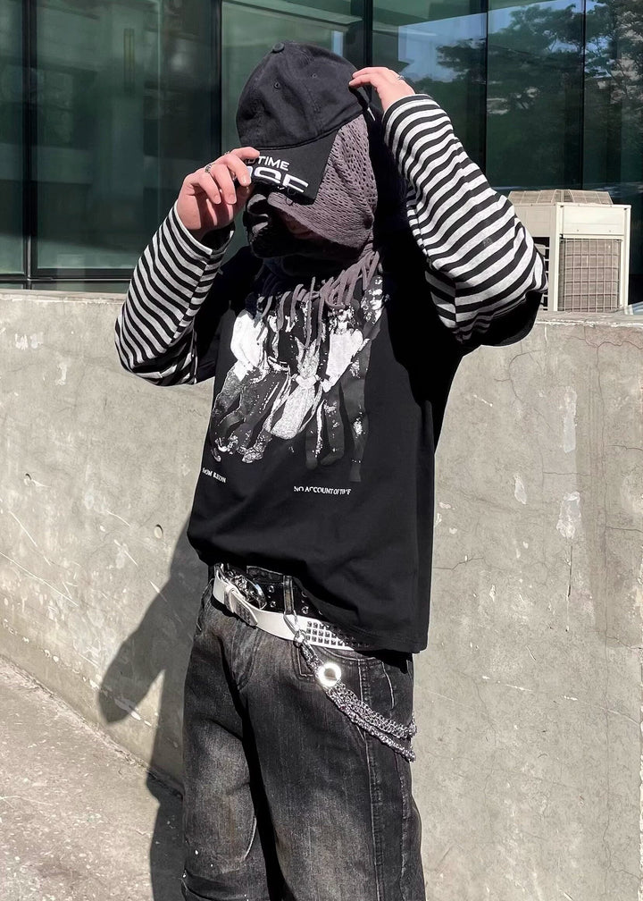 LAYERED STRIPE SLEEVE GRAPHIC TEE DFDES4617