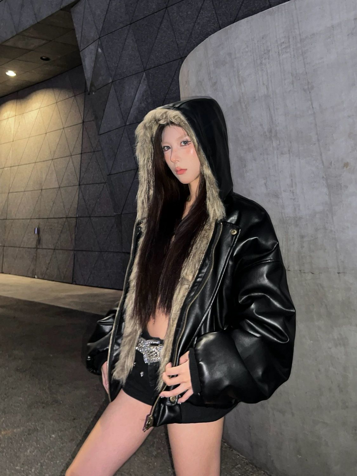 REVERSIBLE FUR LEATHER HOODED JACKET BEDES4525
