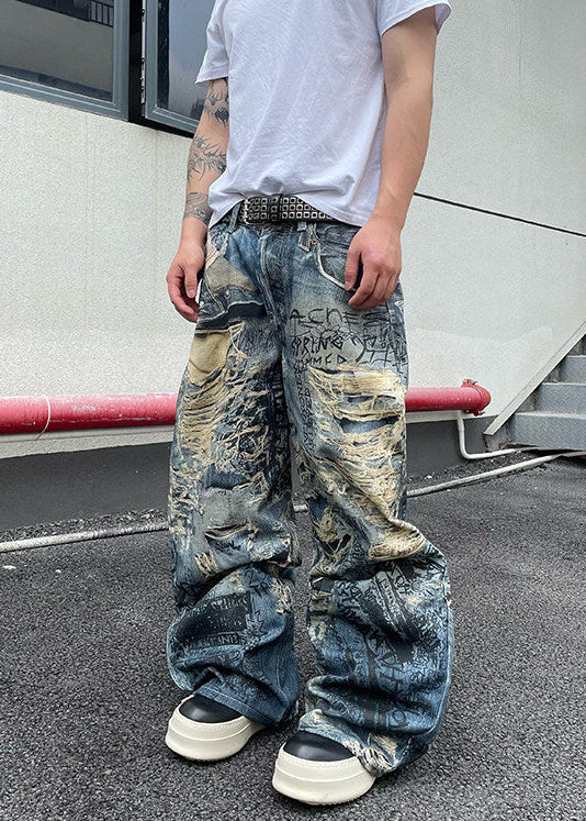 DISTRESSED GRAFFITI WIDE DENIM PANTS DFDES4624