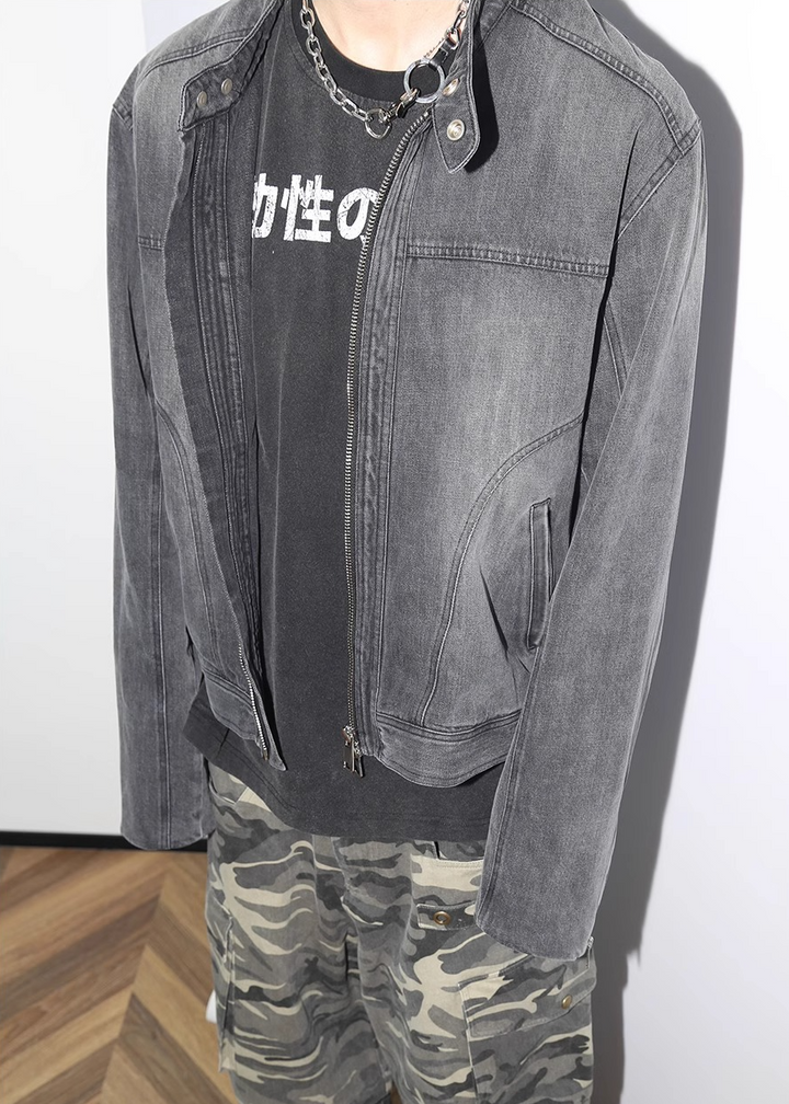 WASHED DENIM BIKER JACKET CHARCOAL GRAY BEDES4536