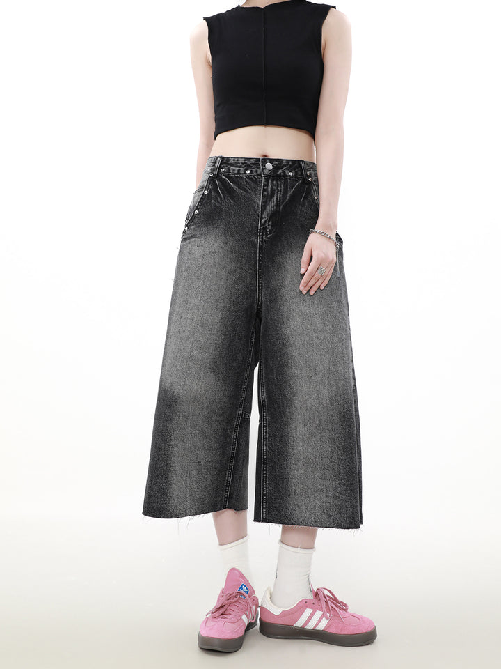 BLACK DENIM WIDE CROPPED PANTS MNDES4458