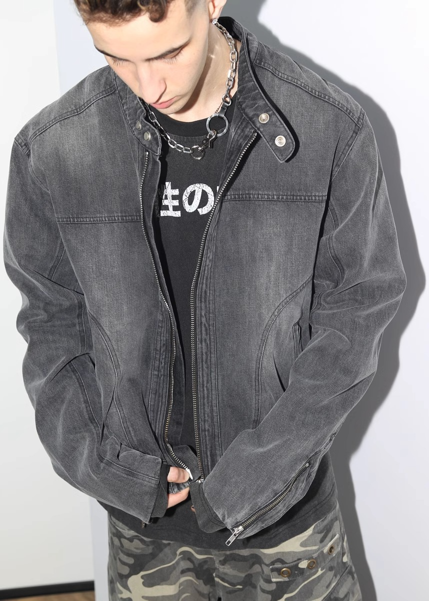 WASHED DENIM BIKER JACKET CHARCOAL GRAY BEDES4536