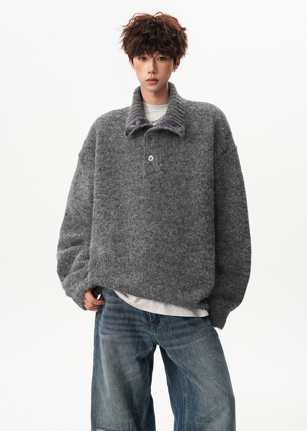 BUTTONED HIGH COLLAR KNIT SWEATER BEDES4549