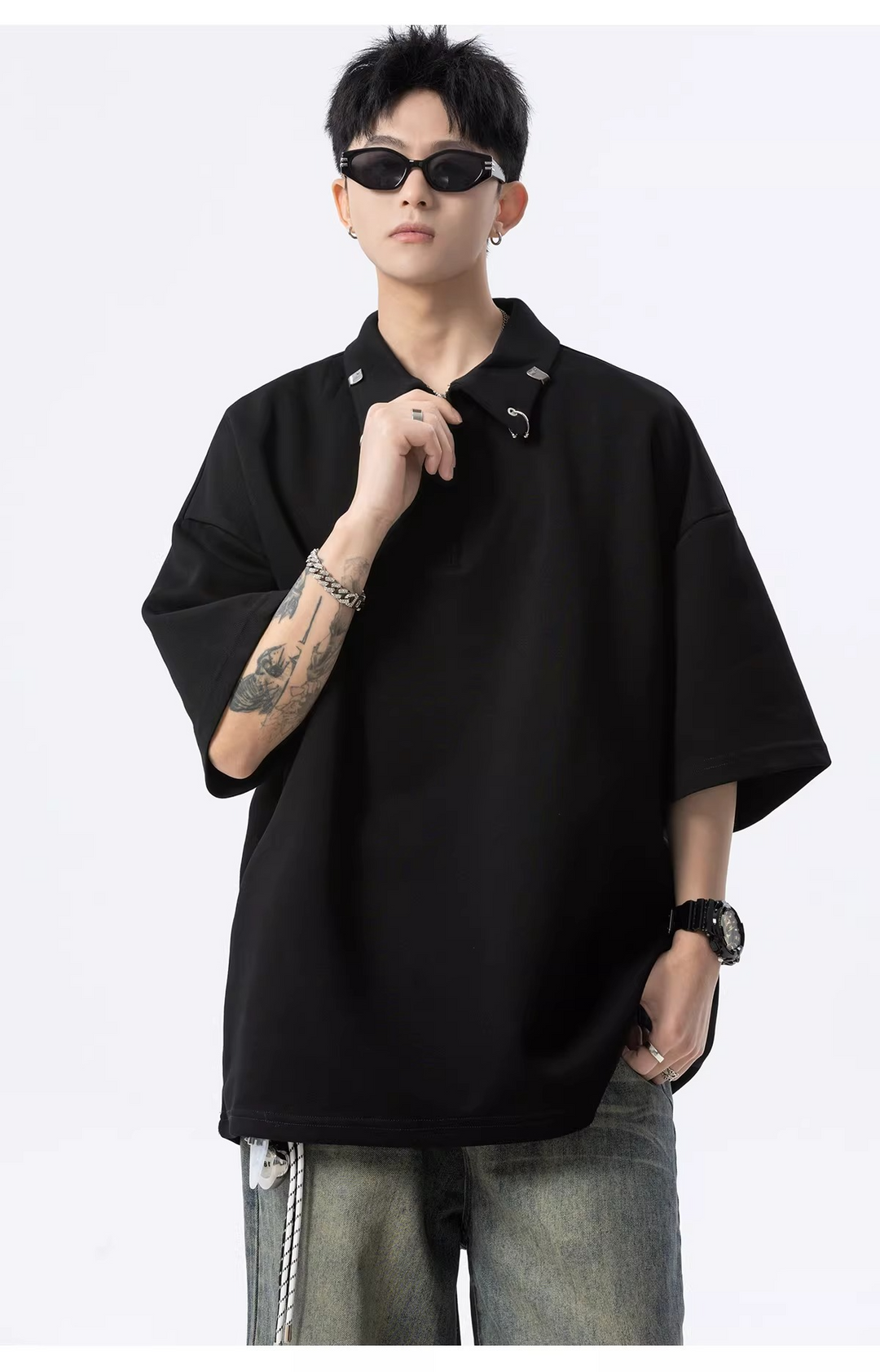 HALF ZIP PIERCED OVERSIZED T-SHIRT BEDES4634