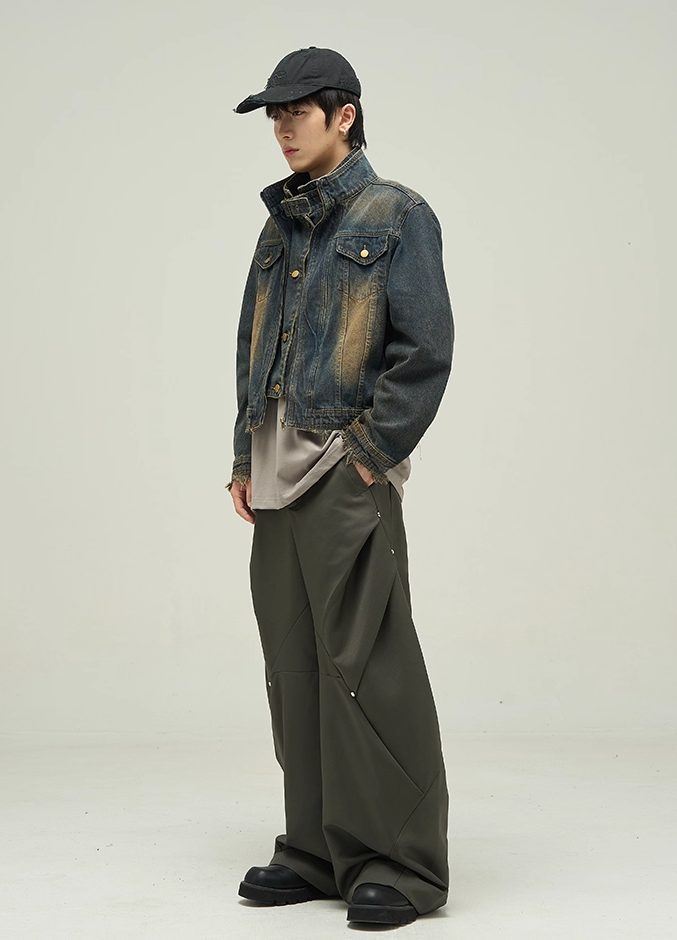 STAND COLLAR SHORT WASHED DENIM JACKET BEDES4533