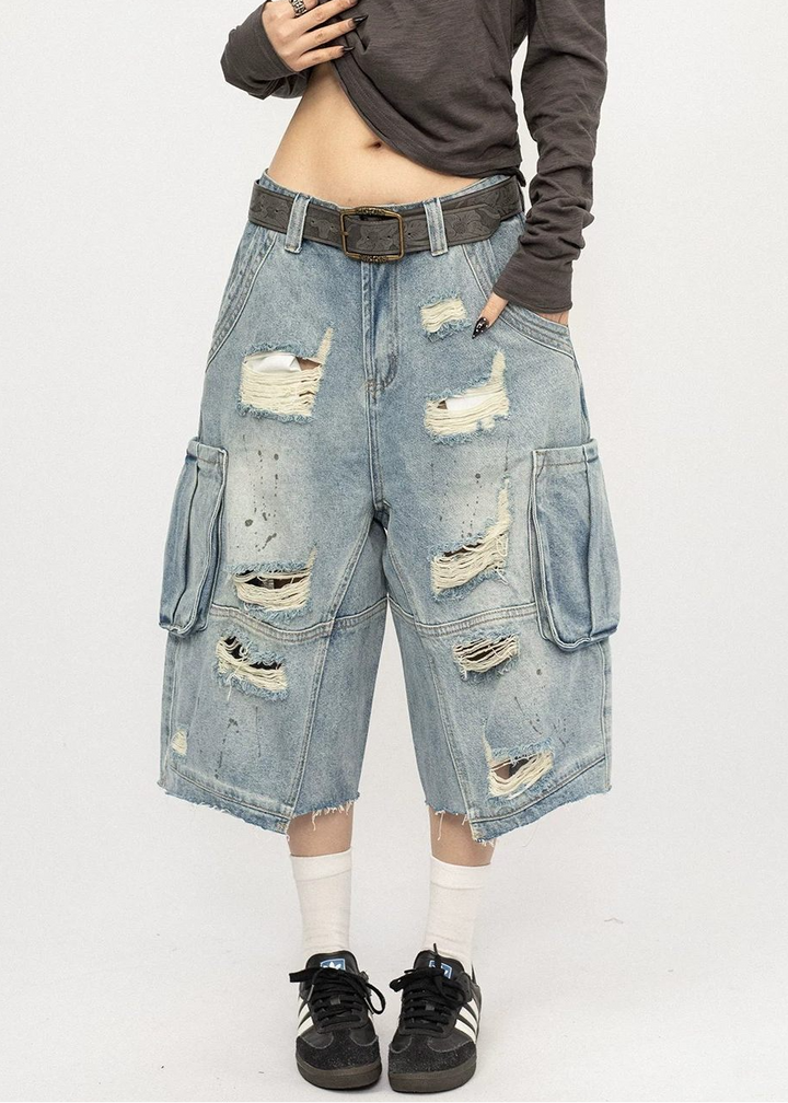 DISTRESSED CARGO BAGGY DENIM SHORTS BEDES4719