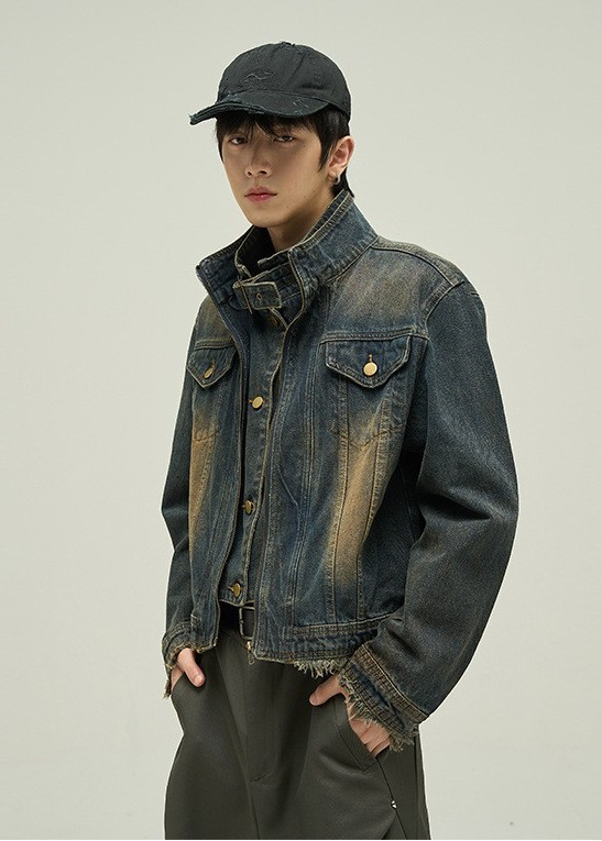 STAND COLLAR SHORT WASHED DENIM JACKET BEDES4533