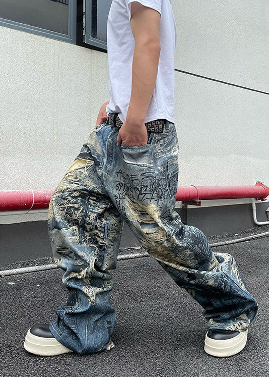 DISTRESSED GRAFFITI WIDE DENIM PANTS DFDES4624