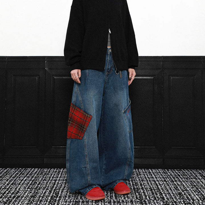 PLAID PATCH WIDE CURVE DENIM PANTS AEDES4579 - Deuku