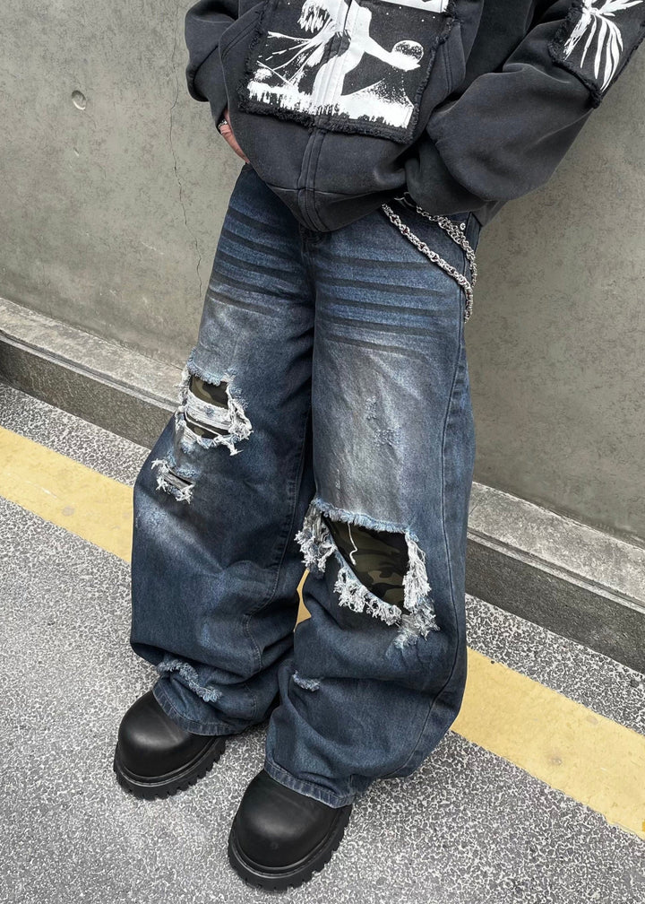 DAMAGED WIDE DENIM PANTS DFDES4476