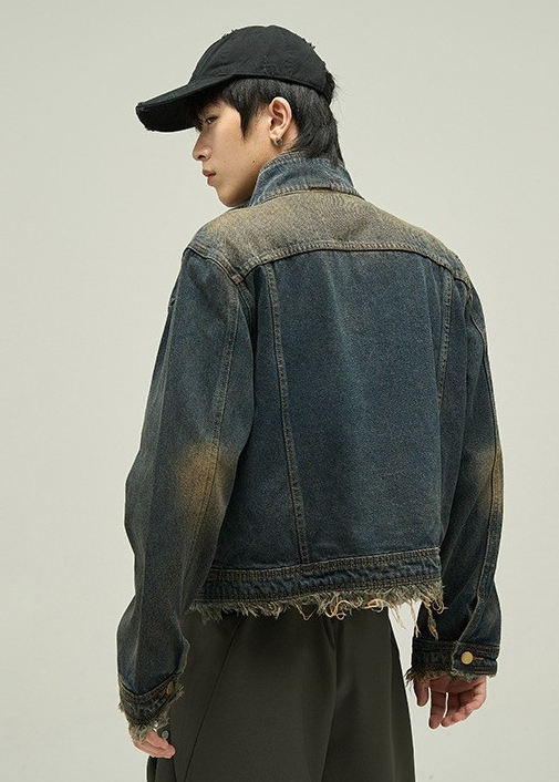 STAND COLLAR SHORT WASHED DENIM JACKET BEDES4533