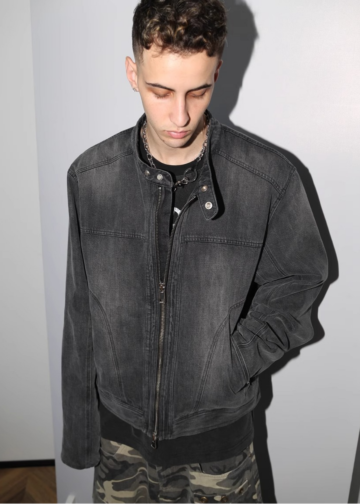 WASHED DENIM BIKER JACKET CHARCOAL GRAY BEDES4536