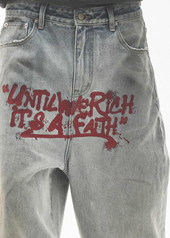 GRAFFITI PRINTED WASHED WIDE DENIM PANTS UWDES4487