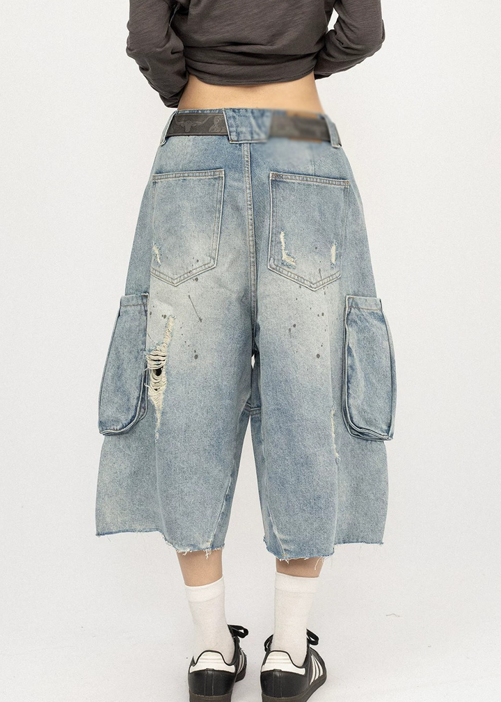 DISTRESSED CARGO BAGGY DENIM SHORTS BEDES4719