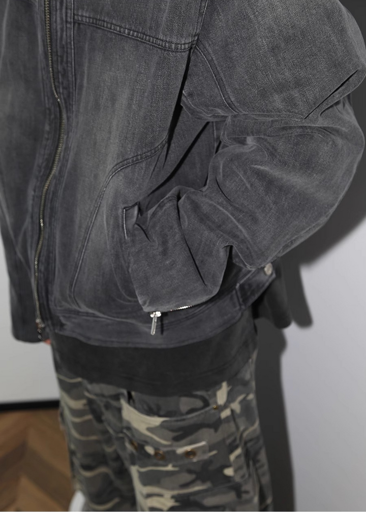 WASHED DENIM BIKER JACKET CHARCOAL GRAY BEDES4536