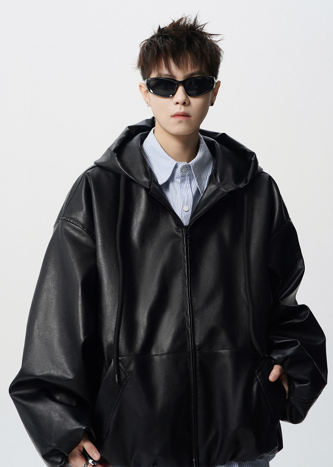 VOLUME SLEEVE HOODED LEATHER JACKET BEDES4535