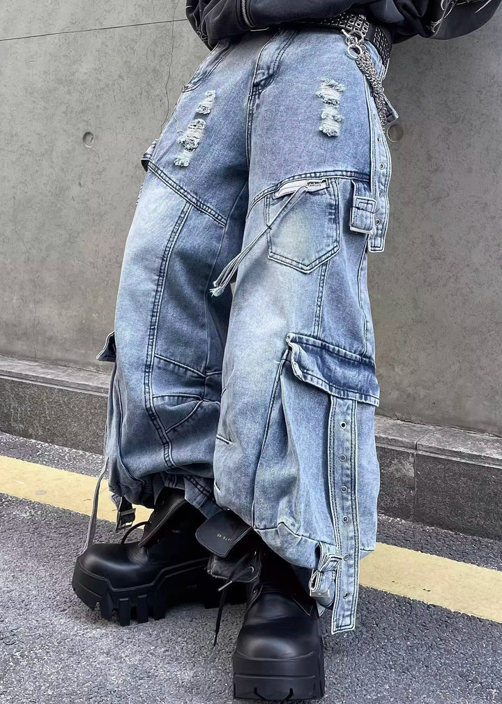 MULTI POCKET DAMAGED DENIM CARGO PANTS DFDES4622
