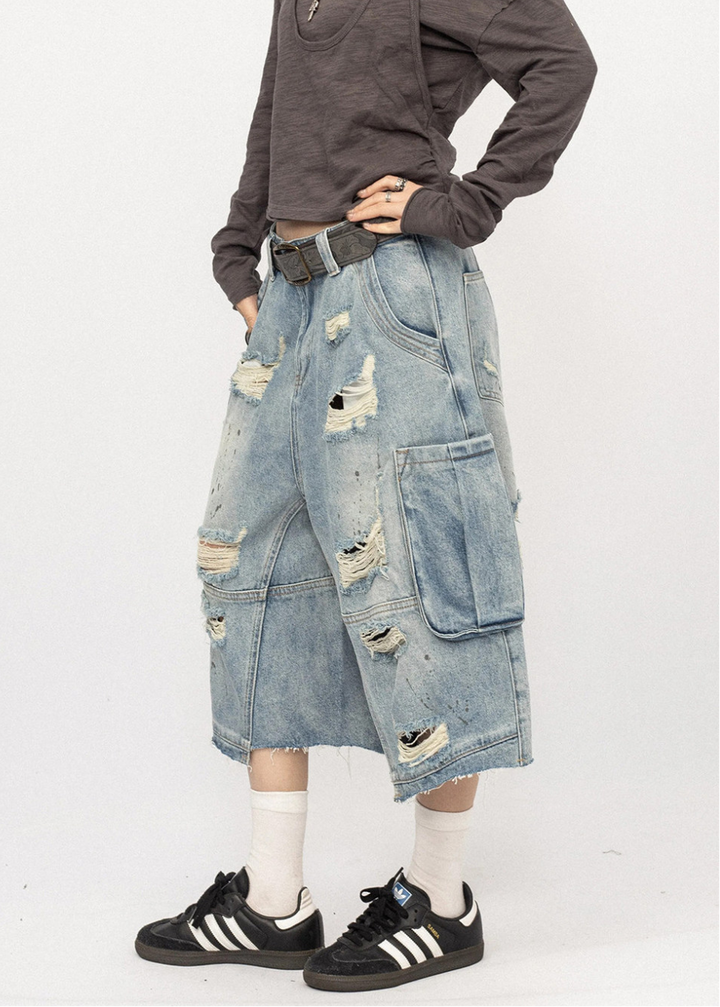 DISTRESSED CARGO BAGGY DENIM SHORTS BEDES4719