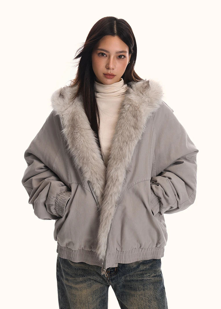 FUR LINED HOODED SHORT JACKET BEDES4540