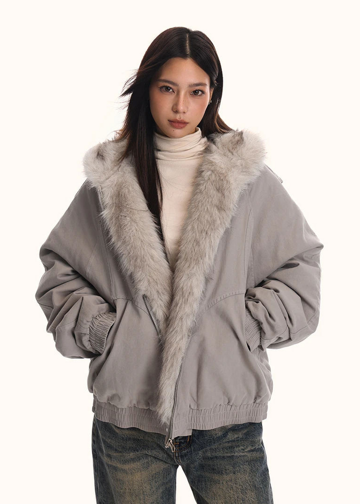 FUR LINED HOODED SHORT JACKET BEDES4540