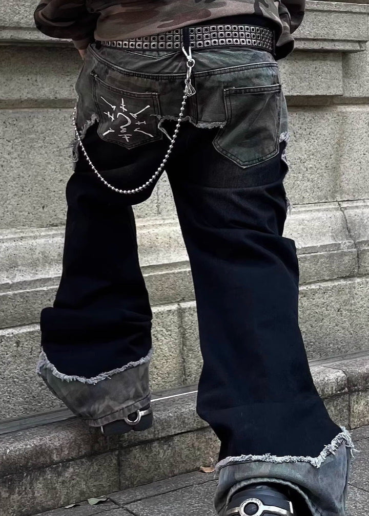 ART PRINTED DAMAGED DANIM PANTS DFDES4441