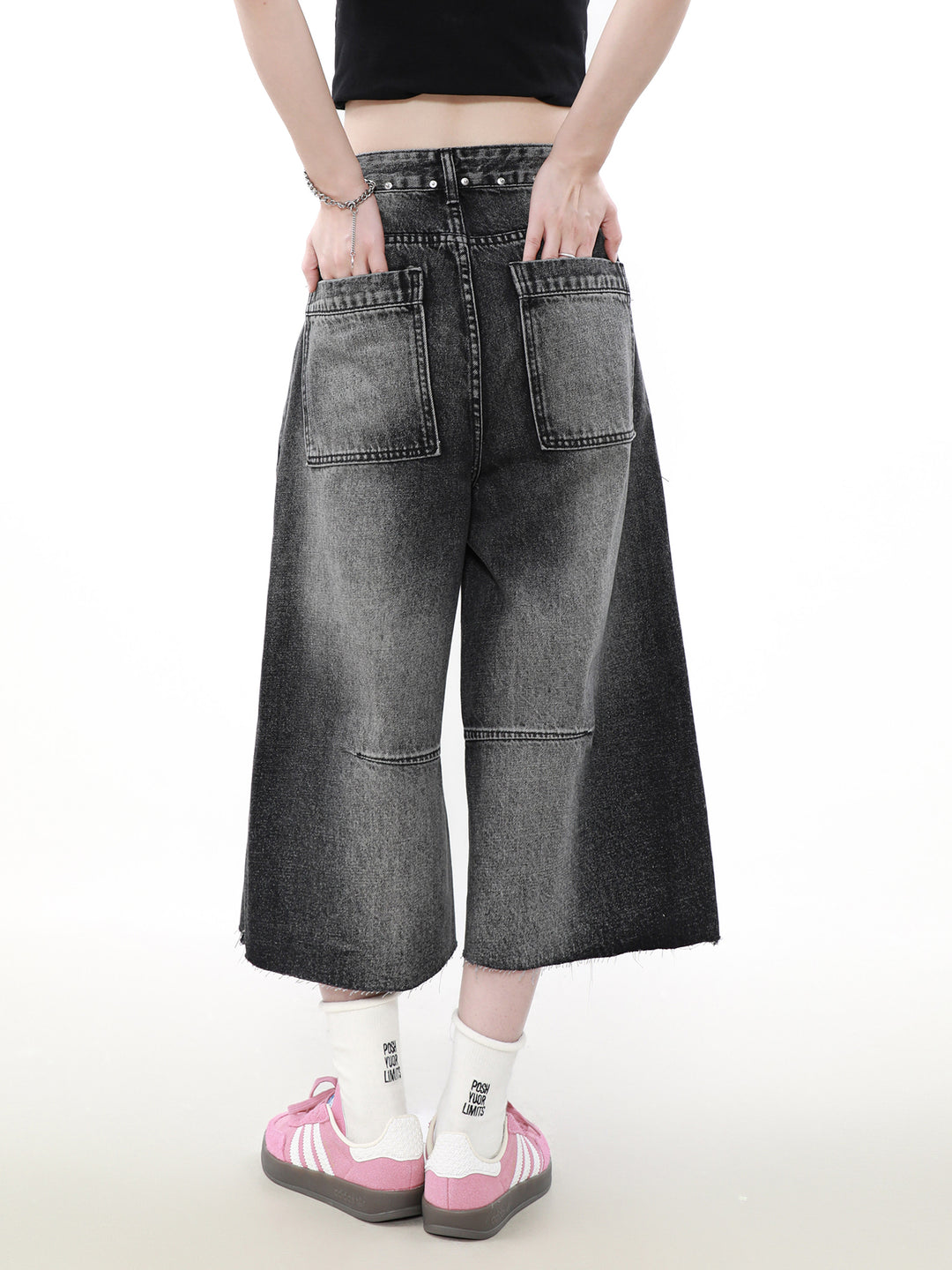 BLACK DENIM WIDE CROPPED PANTS MNDES4458