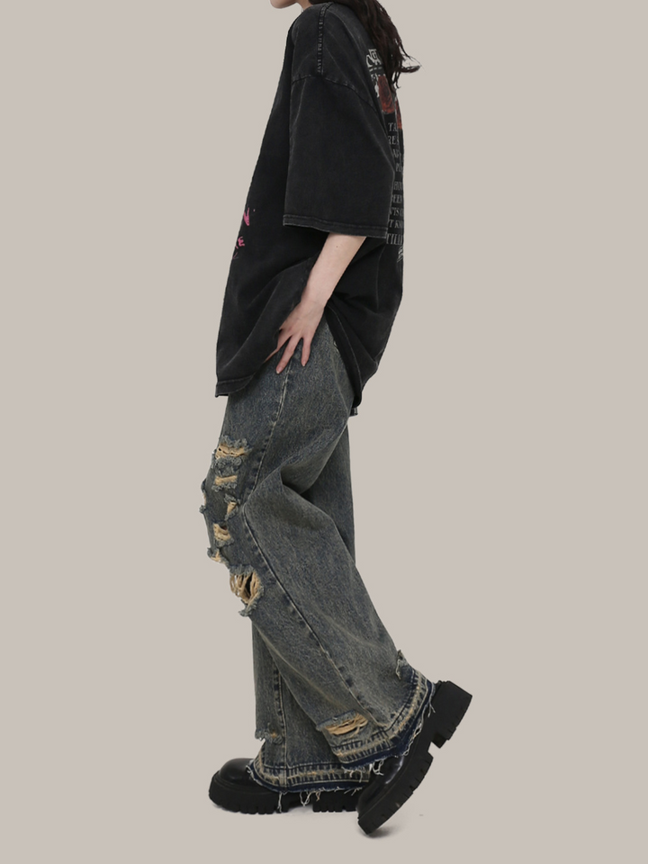 DAMAGED WIDE DENIM PANTS GBDES4416