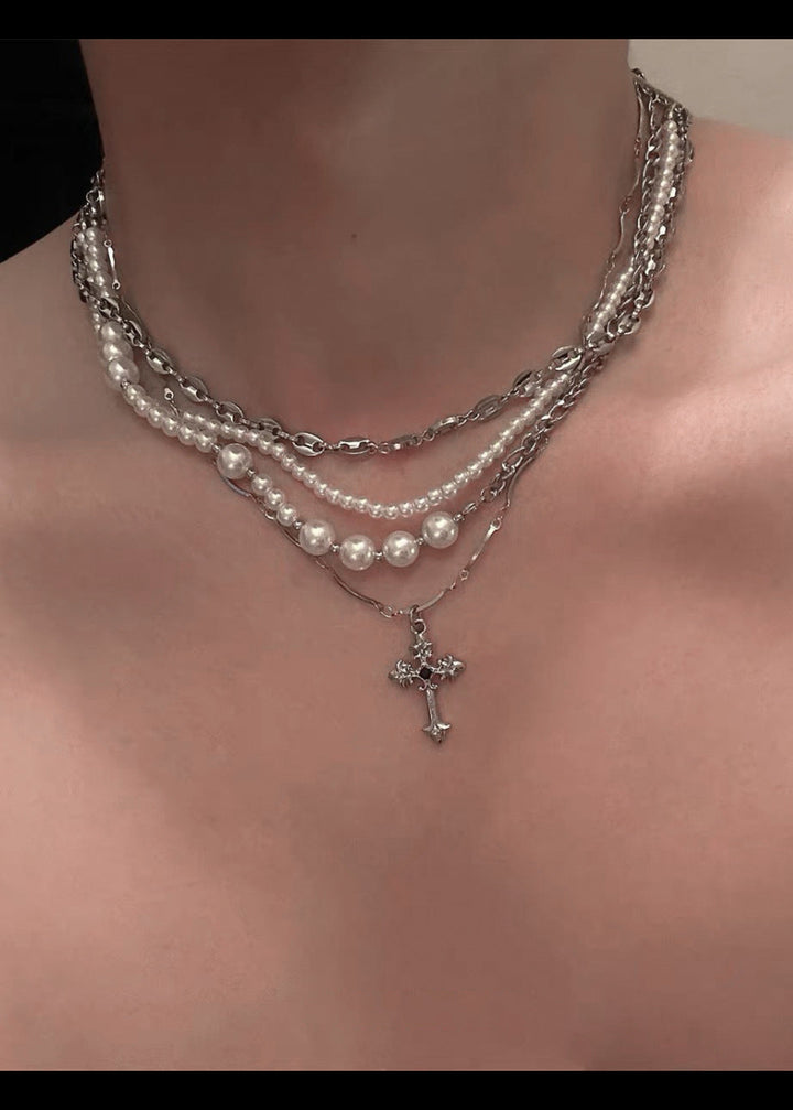 LAYERED PEARL CROSS CHAIN NECKLACE BEDES4605