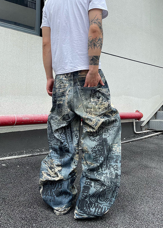 DISTRESSED GRAFFITI WIDE DENIM PANTS DFDES4624