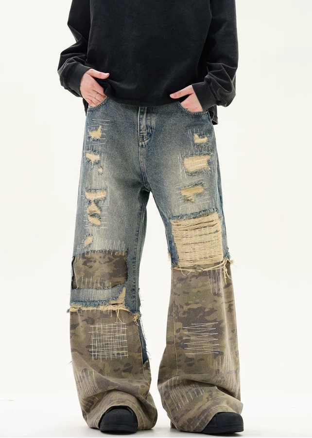 DAMAGED CAMOUFLAGE DENIM PANTS AEDES4597