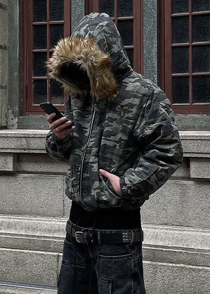 CAMO FUR HOODED JACKET DFDES4501