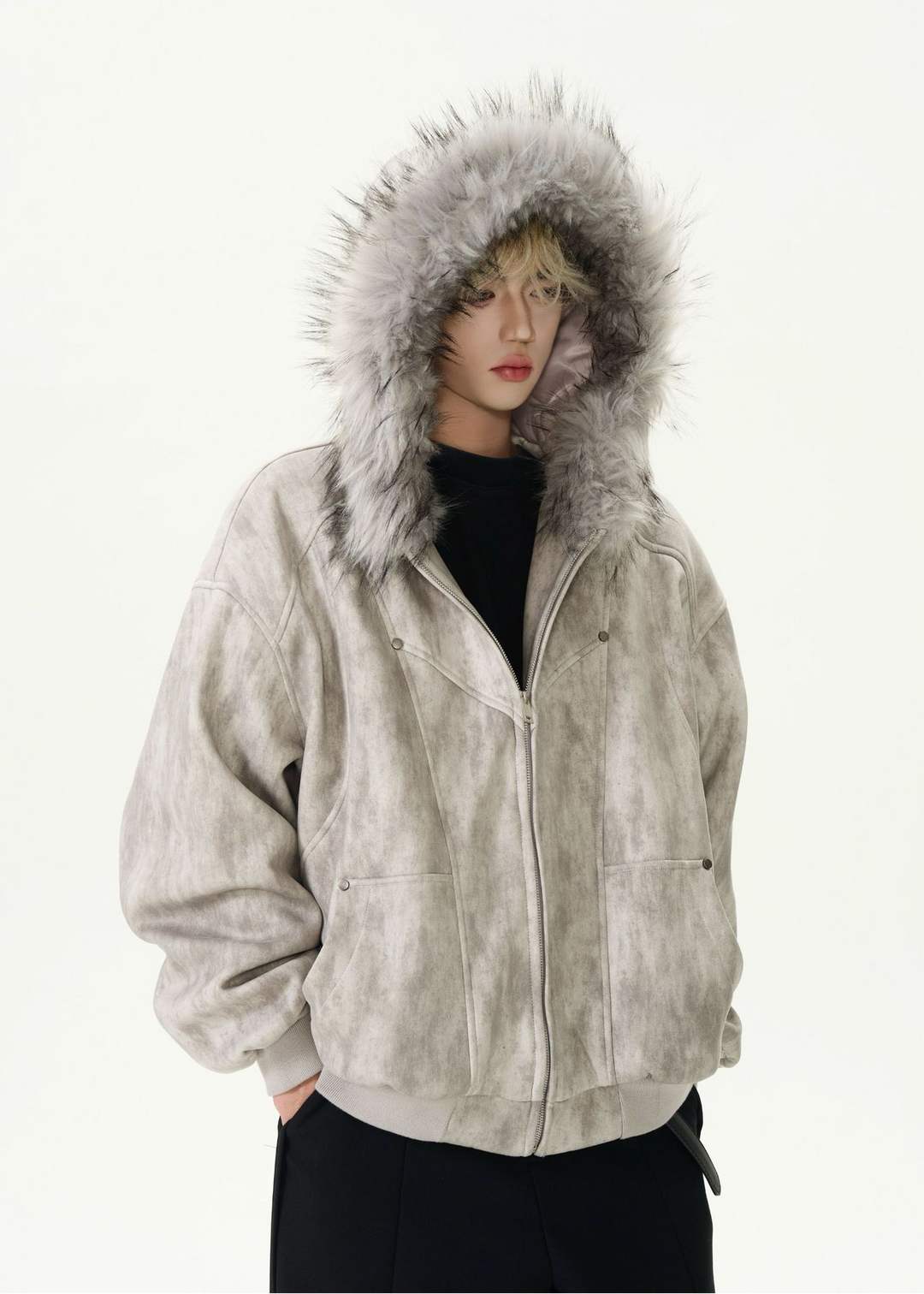 DISTRESSED FUR HOOD SHORT JACKET BEDES4546